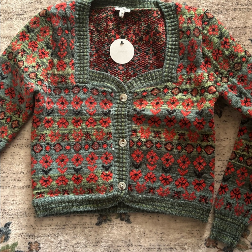 NWT En Crème Colorful Patterned Women's Cardigan Sweater M